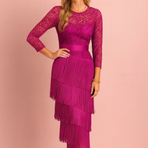 Vestido Largo de Fiesta con Blonda y Flecos Buganvilla