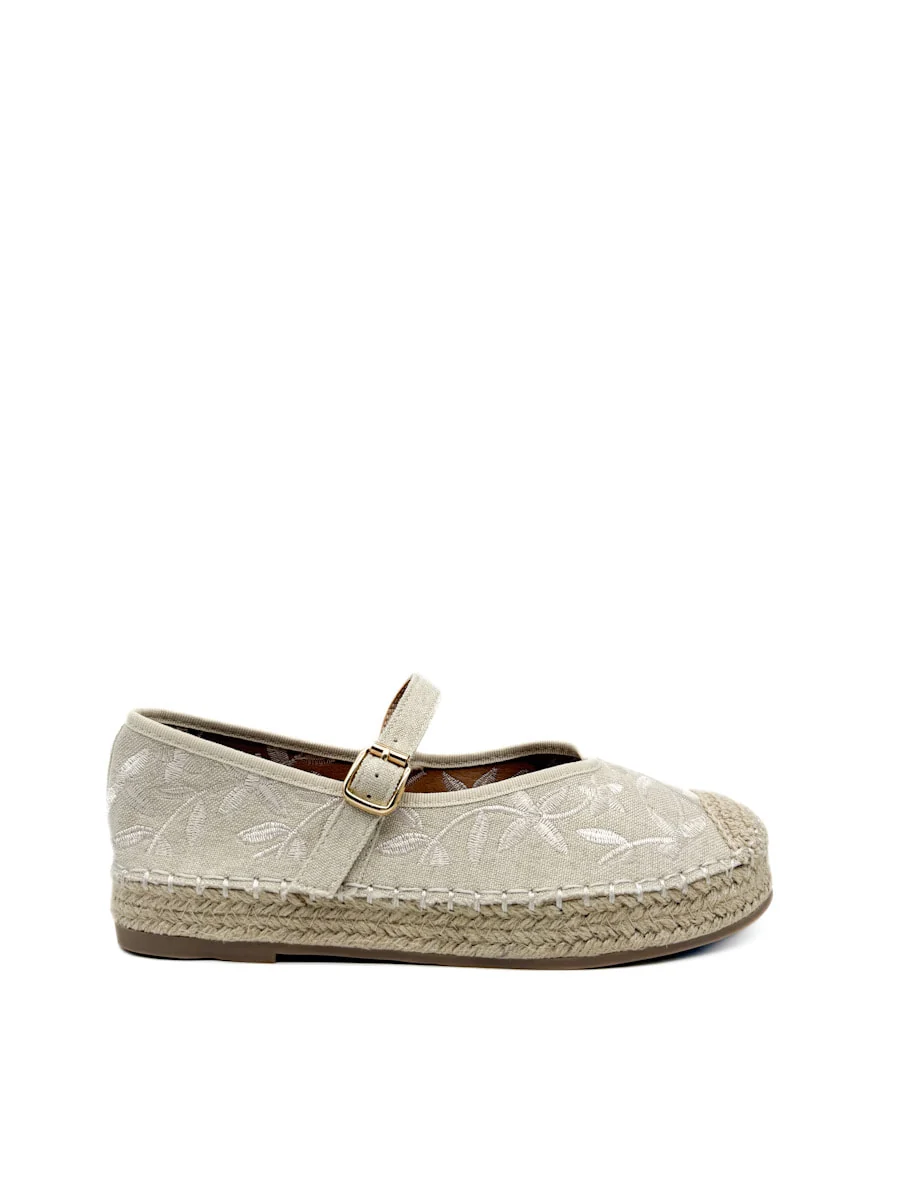 Alpargata Beige Bordada con Correa y Suela de Yute