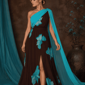 Vestido Largo Asimétrico Chocolate y Turquesa