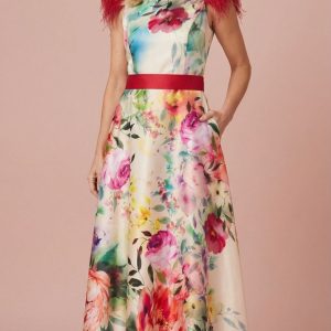 Vestido de fiesta estampado con hombreras de plumas