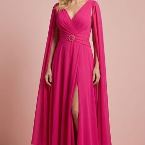 Vestido Largo de Gasa con Mangas de Capa