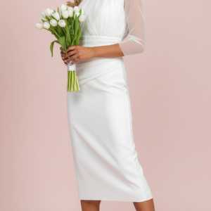 Vestido Midi de Tul y Plumas Escote Redondo White