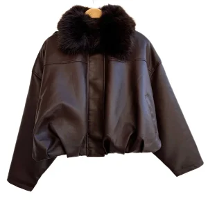 Chaqueta Efecto Piel con Cuello de Pelo Sintético