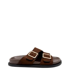 Sandalias de Doble Hebilla Dorada en Antelina Marrón Chocolate - Chanclas de Suela Gruesa Confort para Mujer