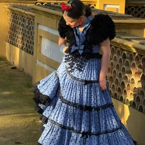 Traje de Flamenca Niña Pasarela Azul Gasa T.8