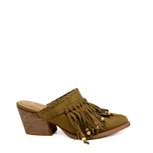 Mules Corina estilo boho-chic en caeml con flecos y cuentas.