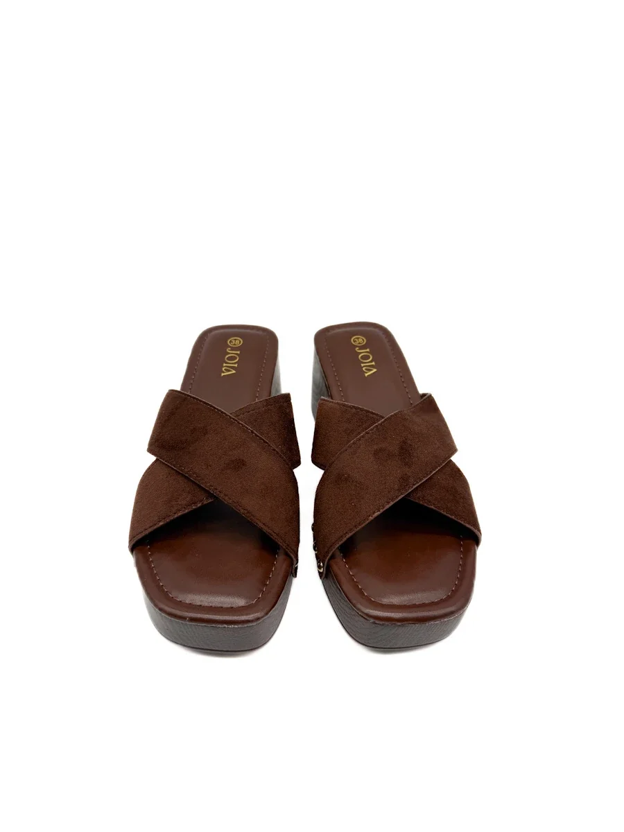 Sandalias Mule Zueco Tiras Cruzadas Antelina Efecto Madera - Imagen 5