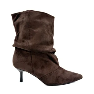 Botines Arrugados de Antelina para Mujer con Tacón Fino y Puntera Afilada