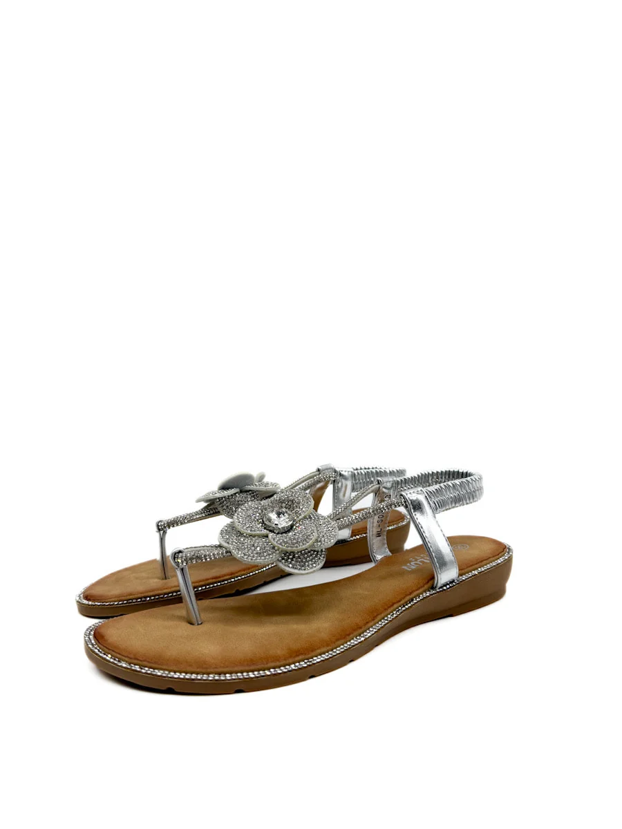 Sandalias Cuña Bajas Con Adorno Floral Brillante. - Imagen 4