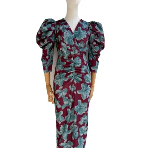 Vestido Elegante con Estampado Floral y Manga Abullonada