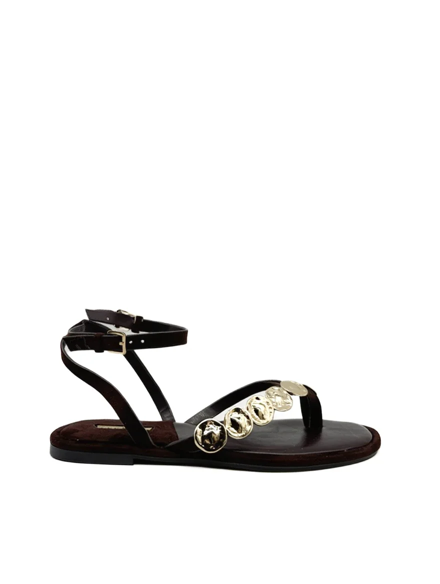 Sandalias de Dedo Boho con Discos Dorados y Tira Ajustable para Mujer