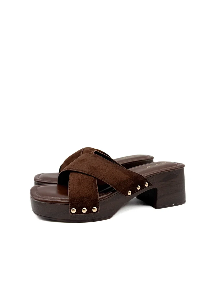 Sandalias Mule Zueco Tiras Cruzadas Antelina Efecto Madera - Imagen 6