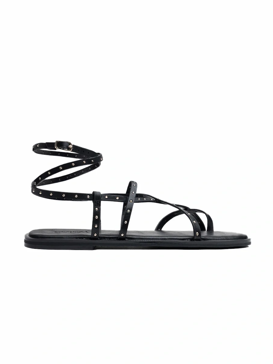 Sandalias Planas Estilo Romano con Tachuelas y Tiras Envolventes