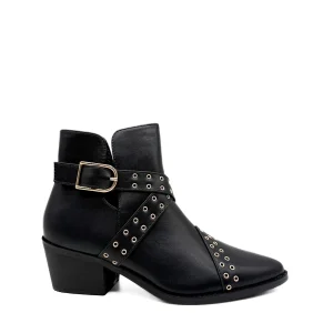 Botines Camperos de Mujer con Ojetes Metálicos y Hebilla - Tacón Ancho y Cremallera