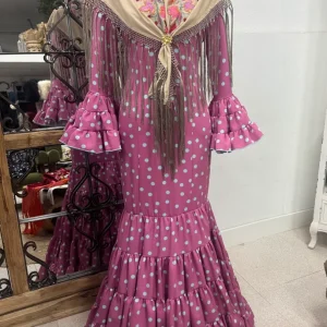 Traje de Flamenca Mod.Cordobesa Bioelastico Rosa y Azul T.36