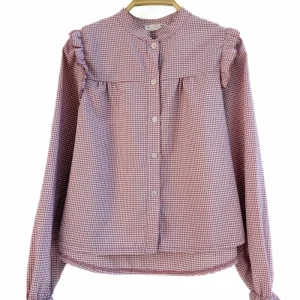 Blusa de Cuadros con Cuello Mao y Puños Elásticos Fruncidos