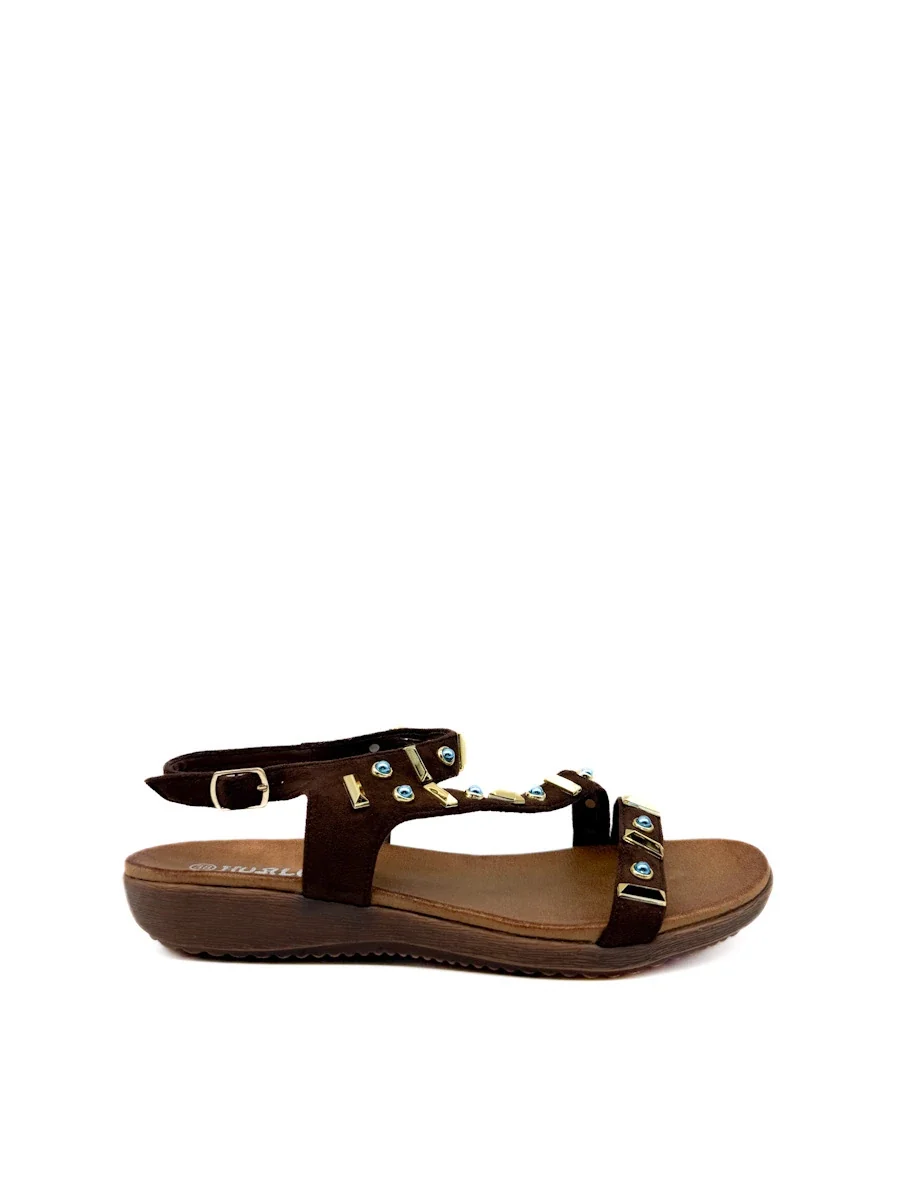 Sandalias Romanas Boho-Chic con Detalles de Pedrería Azul y Dorado