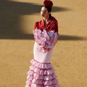 Traje de Flamenca Mod. Sevilla Blanco lunar Rojo T.36 y 46