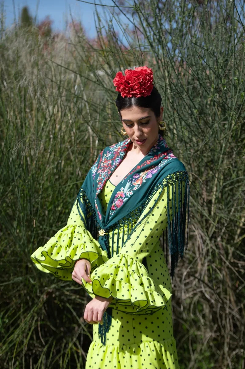 Vestido Flamenca Modelo Cordobesa Lima lunar Verde - Imagen 7