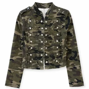 Chaqueta Militar Mujer Camuflaje con Cuello Mao, Manga Larga y Detalles de Hebillas y Botones Metálicos