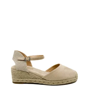 Alpargatas de Cuña Media en Antelina Beige con Detalle de Ganchillo