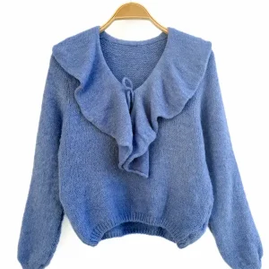 Jersey de Punto Suave con Cuello de Volantes y Lazo Frontal