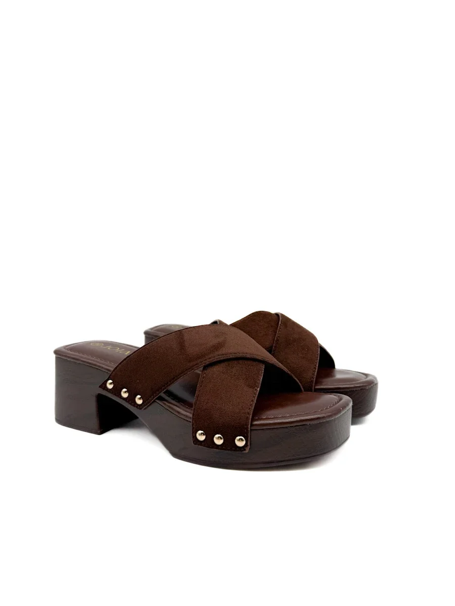 Sandalias Mule Zueco Tiras Cruzadas Antelina Efecto Madera - Imagen 4