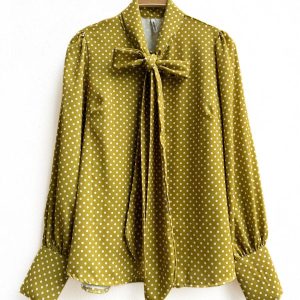 Blusa de Lunares con Lazo en el Cuello, Disponible en Beige y Mostaza