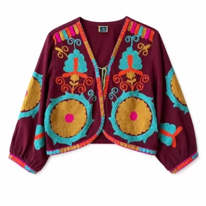 Chaqueta Bordada Multicolor para Mujer de Estilo Boho con Manga Larga y Diseño Artesanal