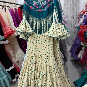 Traje de Flamenca Cordobesa Beig Lunar Verde T. 36 y 40
