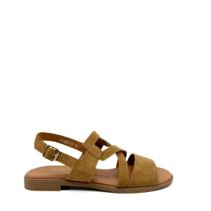 Sandalia Plana de Mujer con Tiras y Pulsera al Tobillo - Color Camel