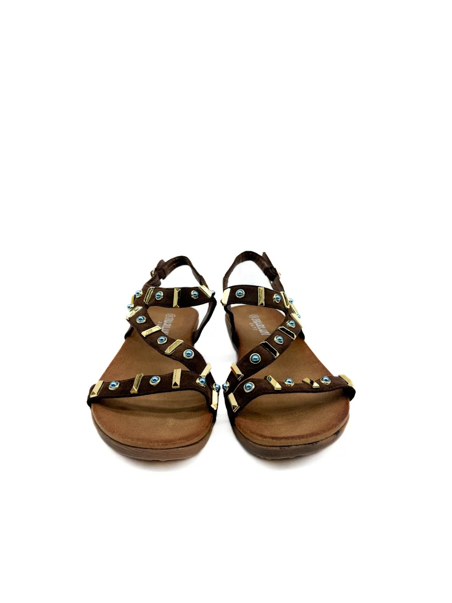 Sandalias Romanas Boho-Chic con Detalles de Pedrería Azul y Dorado - Imagen 4
