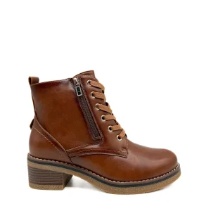 Botín Camel con Cordones, Tacón Grueso y Cremallera Lateral
