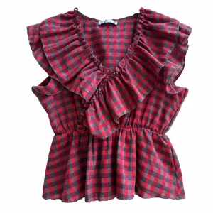 Blusa de Cuadros Vichy con Volantes y Escote en V | Elegancia Casual para Mujer