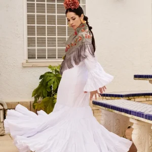 Vestido Flamenca Cordobesa Perforado Blanco T.36,38 y 40