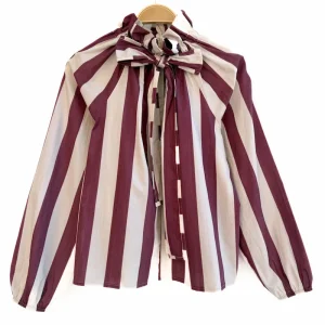 Blusa elegante de rayas verticales con lazo al cuello y manga larga
