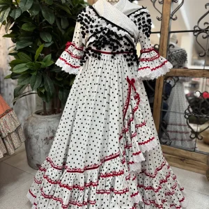 Traje de Flamenca Rociera Blanco lunar Negro Talla 10