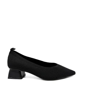 Zapatos de Salón en Tejido Elástico Canalé con Tacón Ancho y Puntera Fina