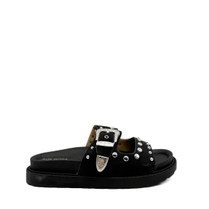 Sandalia Pala Negra de Doble Tira con Tachuelas y Hebilla Decorativa