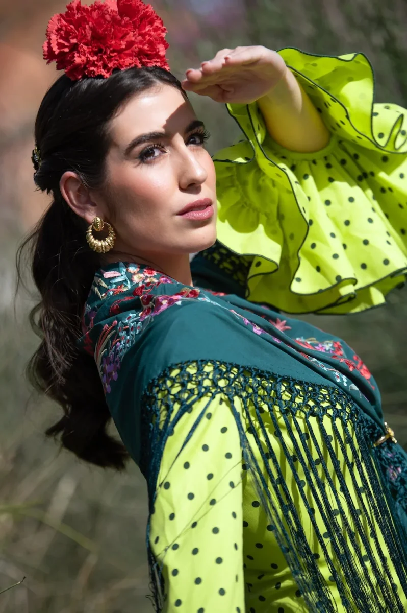 Vestido Flamenca Modelo Cordobesa Lima lunar Verde - Imagen 9