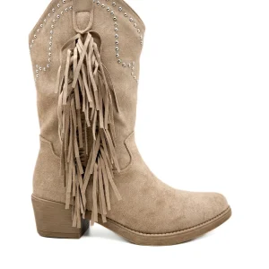 Bota cowboy de antelina color kahki con bordado