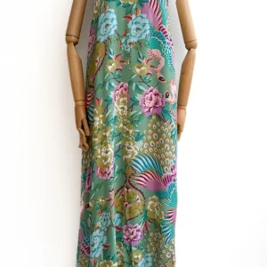 Vestido largo sin mangas con estampado floral y aves