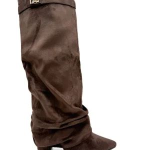 Botas Altas de Ante Sintético con Caña Arrugada y Hebilla Decorativa