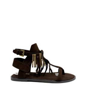 Sandalias Planas de Estilo Étnico Corina con Flecos, Cuentas de Madera y Cierre de Hebilla