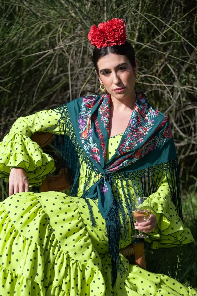 Vestido Flamenca Modelo Cordobesa Lima lunar Verde - Imagen 8