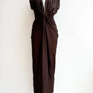 Vestido Largo Drapeado con Escote en V Profundo, Nudo en la Cintura.