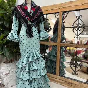 Traje de Flamenca Carmen Verde Jabonoso con lunar Negro