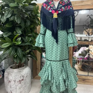 Traje de Flamenca Mod. Málaga Verde Empolvado Lunar Azul        T.38