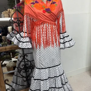 Traje de Flamenca Mod. Rosalía Blanco lunar negro