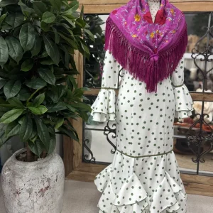 Traje de Flamenca Mod.Málaga Blanco Lunar Verde T.38, 40, 44